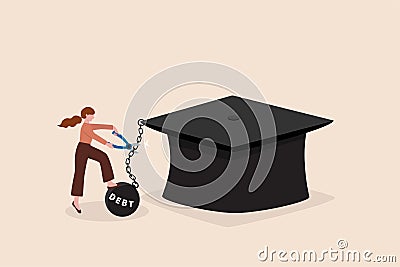 Student loan debt pay off or forgiveness program, cut education expense or reduce fee concept, young adult woman cut chain to Vector Illustration