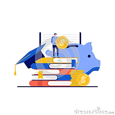 Student loan interest rates concept with character. Student stand near pile of books, graduation hat, stack of coins. Modern flat Vector Illustration