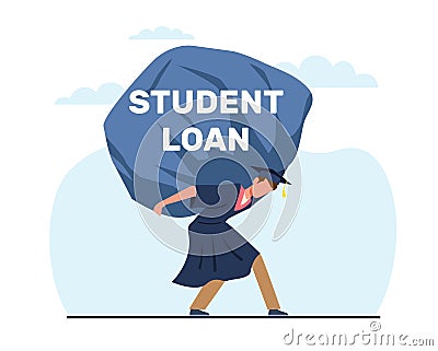 Student loan, man in graduated suit holding heavy student loan rock. Expensive cost for education. Credit for university Vector Illustration