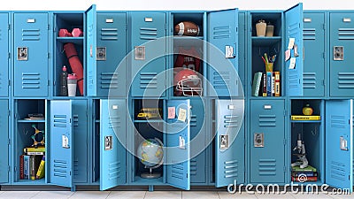 Student lockers at school. School lockers with open doors and student equipment, items and accessories for education and sport Cartoon Illustration