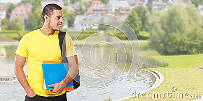 Student looking to the side look young man people outdoor town banner copyspace copy space Stock Photo