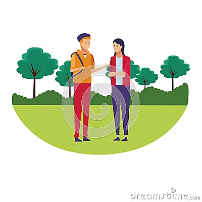 Student outfit couple talk park Vector Illustration