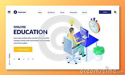 Student pass online computer quiz, exam, test. Vector isometric illustration. Online learning and education concept Vector Illustration