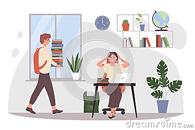 Student people study at home together, cartoon boy holding books, girl sitting on desk Vector Illustration