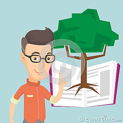 Student pointing at tree of knowledge. Vector Illustration