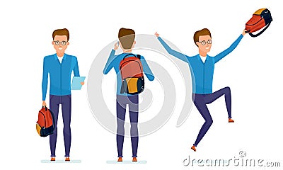 Student prepares for classes, communicates on phone, rejoices at success. Vector Illustration