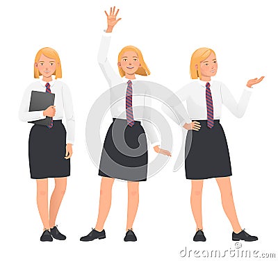 Student, pupil, high school girl in uniform. Poses Set on white background. Flat vector illustration Cartoon Illustration