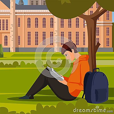 Student reading book in green university park Vector Illustration