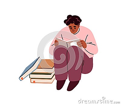 Student reading book, studying. Smart man reader, learner learning, preparing for exam with textbook stack. Education Vector Illustration