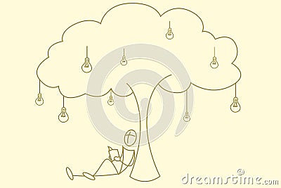 Student reading book under bulb tree Vector Illustration