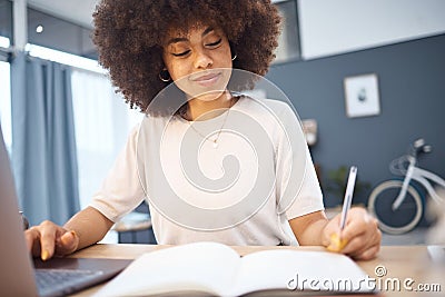 Student research, writing notes and black woman remote eduction on a home computer. Working, planning and reading Stock Photo