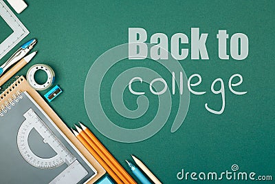 Student`s stationary and inscription Back To College. Stock Photo