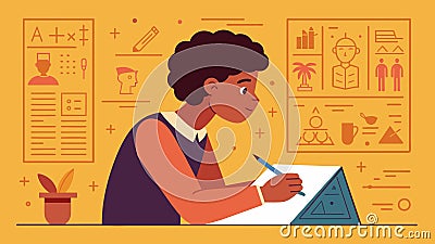 A student scribbled furiously in a notebook while staring intently at a display of ancient hieroglyphics eager to Vector Illustration