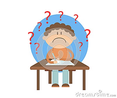 The student sits at the table and solves a difficult problem. Cartoon. Vector Illustration