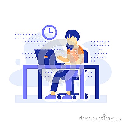 Student sitting at desk, school girl doing homework behind computer, online learning, distant education Vector Illustration