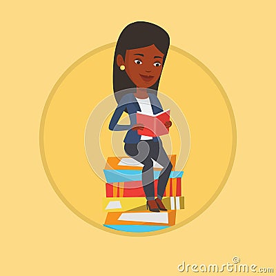 Student sitting on huge pile of books. Vector Illustration