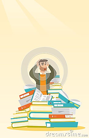 Student sitting in huge pile of books. Vector Illustration