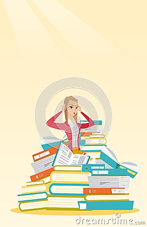 Student sitting in huge pile of books. Vector Illustration