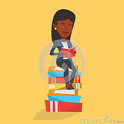 Student sitting on huge pile of books. Vector Illustration