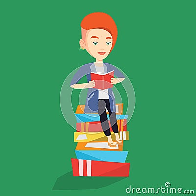 Student sitting on huge pile of books. Vector Illustration