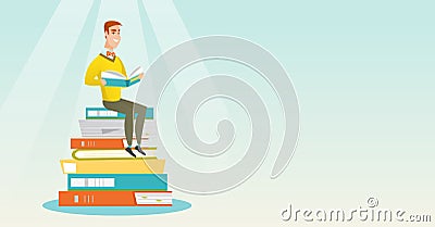 Student sitting on huge pile of books. Vector Illustration