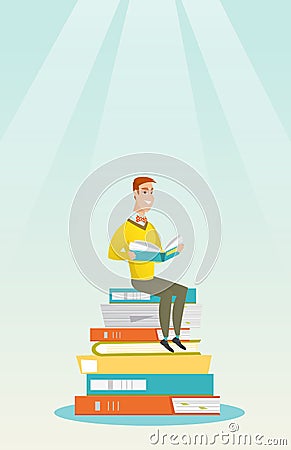 Student sitting on huge pile of books. Vector Illustration