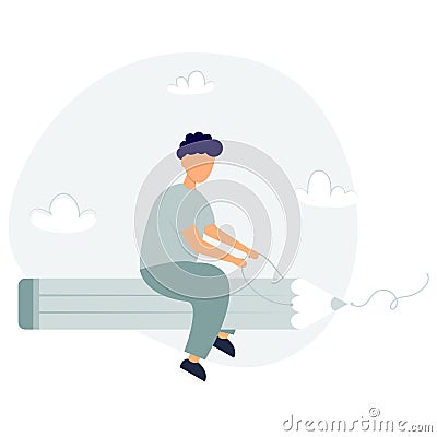 Student sitting on the rocket pencil. Graduate Young man flying in the clouds on the pencil Vector Illustration