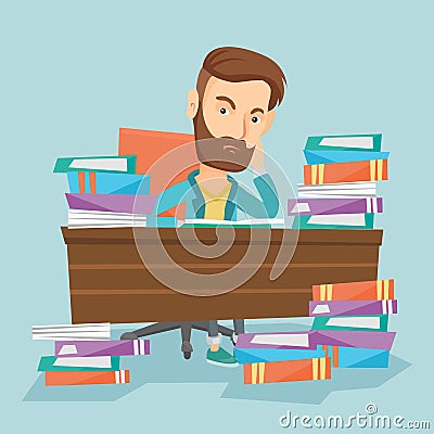 Student sitting at the table with piles of books. Vector Illustration