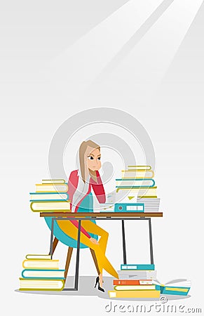 Student sitting at the table with piles of books. Vector Illustration