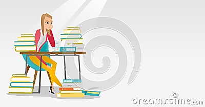 Student sitting at the table with piles of books. Vector Illustration