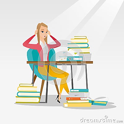 Student sitting at the table with piles of books. Vector Illustration