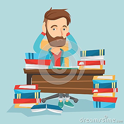 Student sitting at the table with piles of books. Vector Illustration