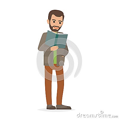 Student Standing and Reading Textbook Flat Vector Vector Illustration