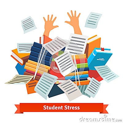 Student stress. Studying buried under a book pile Vector Illustration