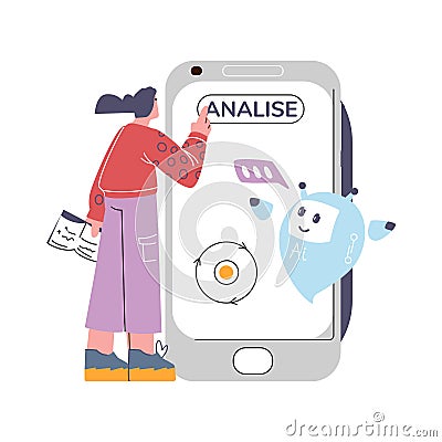 Student studying with ai robotic assistant on smartphone screen, vector Artificial intelligence, online chat bot analise Vector Illustration