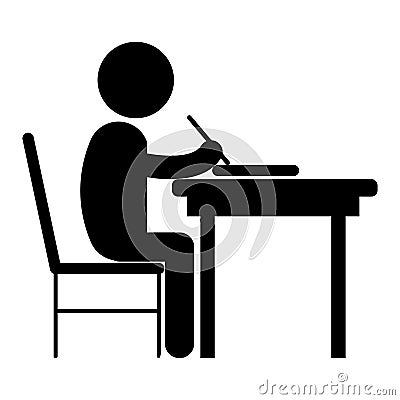 Student Studying. Black and white pictogram depicting stick figure sitting on chair at desk studying writing working. Vector File Vector Illustration