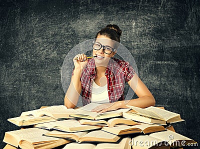 Student Studying Books, Young University Woman Read Many Book over Blackboard Stock Photo