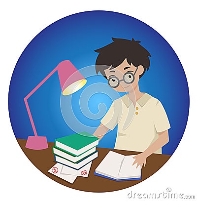 Student studying for exam late at night Vector Illustration