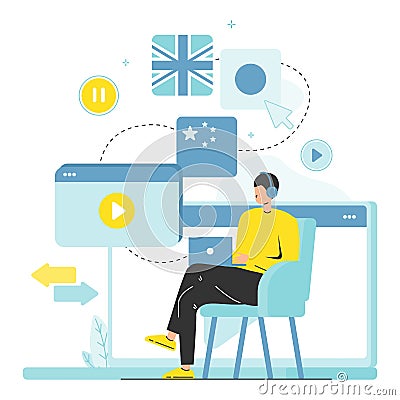 Student studying foreign languages using online multi language translator, flat vector illustration. Learning languages. Vector Illustration