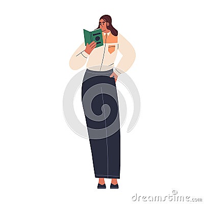 Student studying, learning with academic book in hand, preparing for university exam. Woman reader standing, reading Vector Illustration