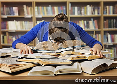 Student Studying, Sleeping on Books, Tired Girl Read in Library Stock Photo