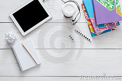 Student table with tablet and diary background Stock Photo