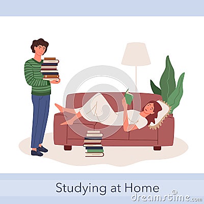 Student teen people study together, boy holding books stack, girl lying on sofa, reading Vector Illustration