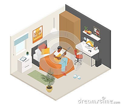 Student or teenager room - vector colorful isometric illustration Vector Illustration