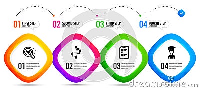 Student, Timeline and Checklist icons set. Chemistry lab sign. Graduation cap, Journey path, Data list. Vector Vector Illustration