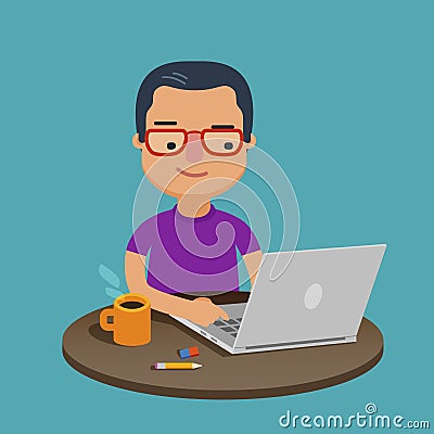 Student using laptop for education. Cartoon vector illustration Vector Illustration