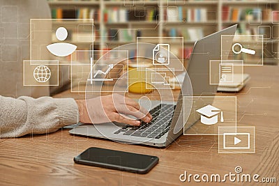 Student using laptop in library and illustration of virtual icons. Educational technology Cartoon Illustration