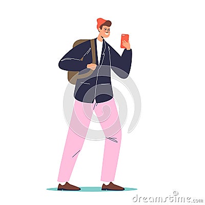 Student using smartphone. Young man hold smart phone texting message or surfing internet online Vector Illustration