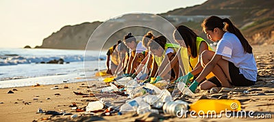 Student volunteers sorting recyclables and marine litter at beach cleanup in school uniforms Stock Photo