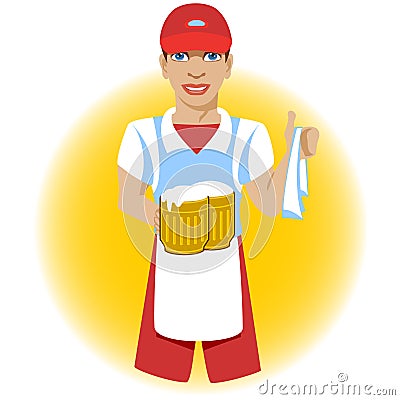 Student waiter, working at the bar, with mugs of beer and a napkin in his hands Vector Illustration